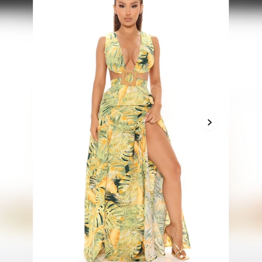 Fashion Nova Yellow & Green Tropical High-Slit Maxi Skirt